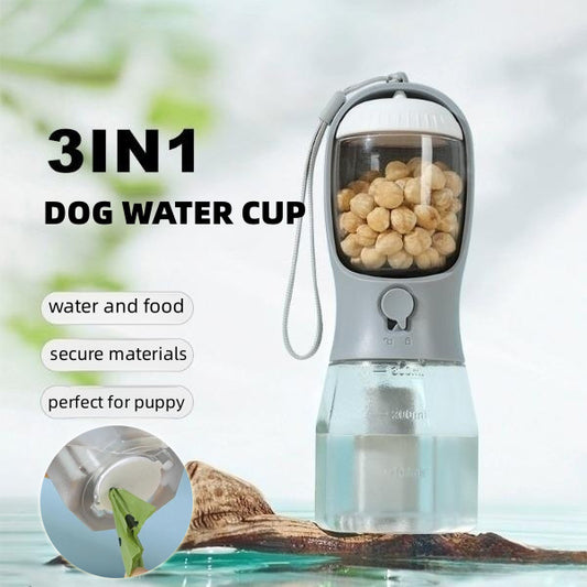 Gourde Multifonction 3-en-1 pour Chien – Eau, Croquettes et Sacs à Déjections – Portable et Pratique