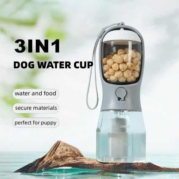 Gourde Multifonction 3-en-1 pour Chien – Eau, Croquettes et Sacs à Déjections – Portable et Pratique