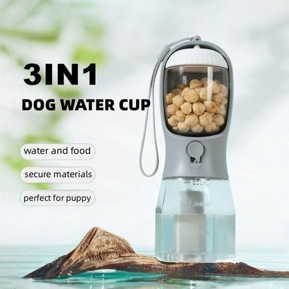Gourde Multifonction 3-en-1 pour Chien – Eau, Croquettes et Sacs à Déjections – Portable et Pratique
